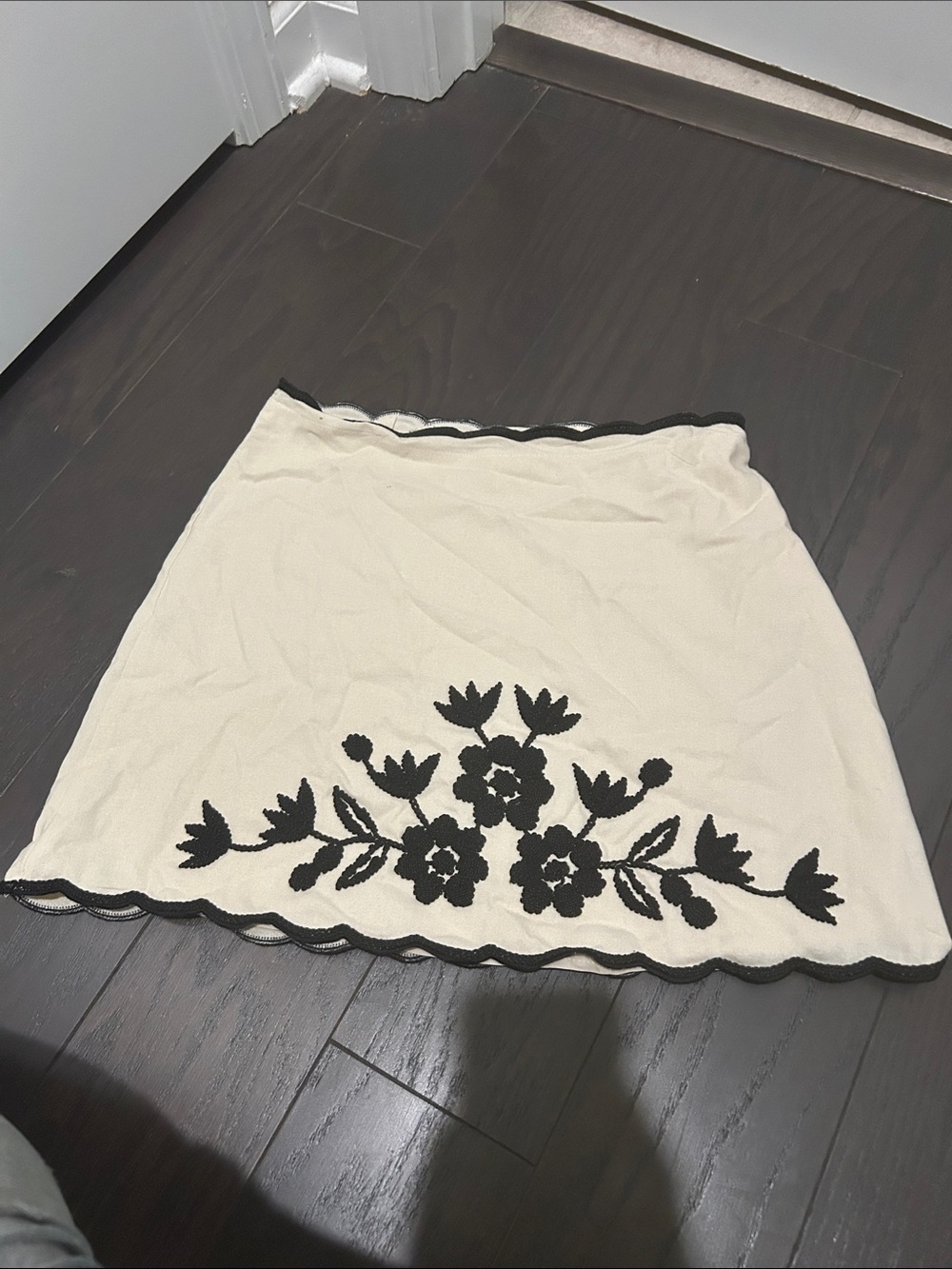 Cream Mini Skirt with Black Floral Embroidery